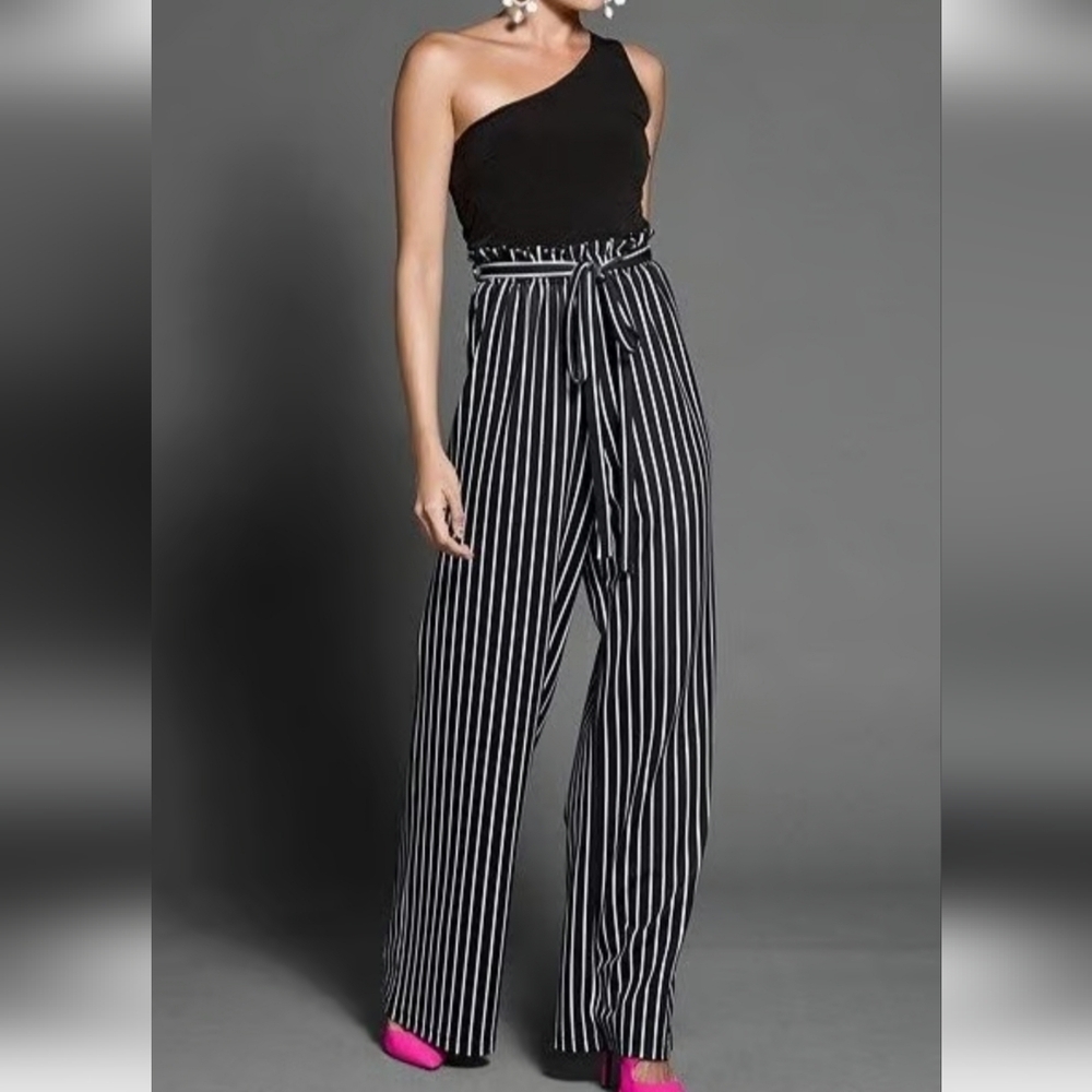 VENUS paperbag Black and White Striped Women's Jumpsuit Sz M